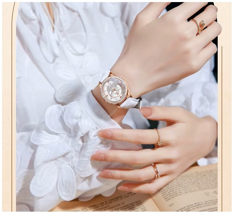 Reloj de Mujer Elegante de Cuarzo Cristales Decorativos Correa Blanca