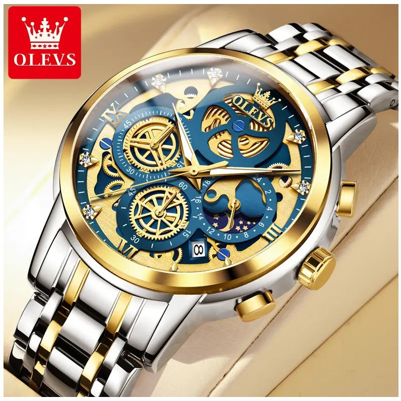 Reloj para Hombre con Diseño Esqueleto Dorado Multifunción