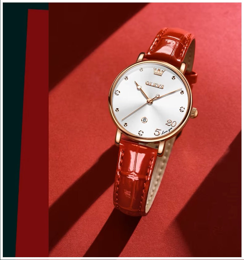 Reloj Femenino de Cuarzo con Correa de Cuero Rojo y Esfera Decorativa