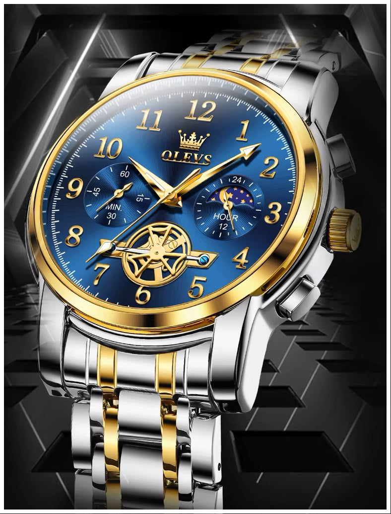 Reloj Cronógrafo para Hombre con Fase Lunar, Movimiento Cuarzo