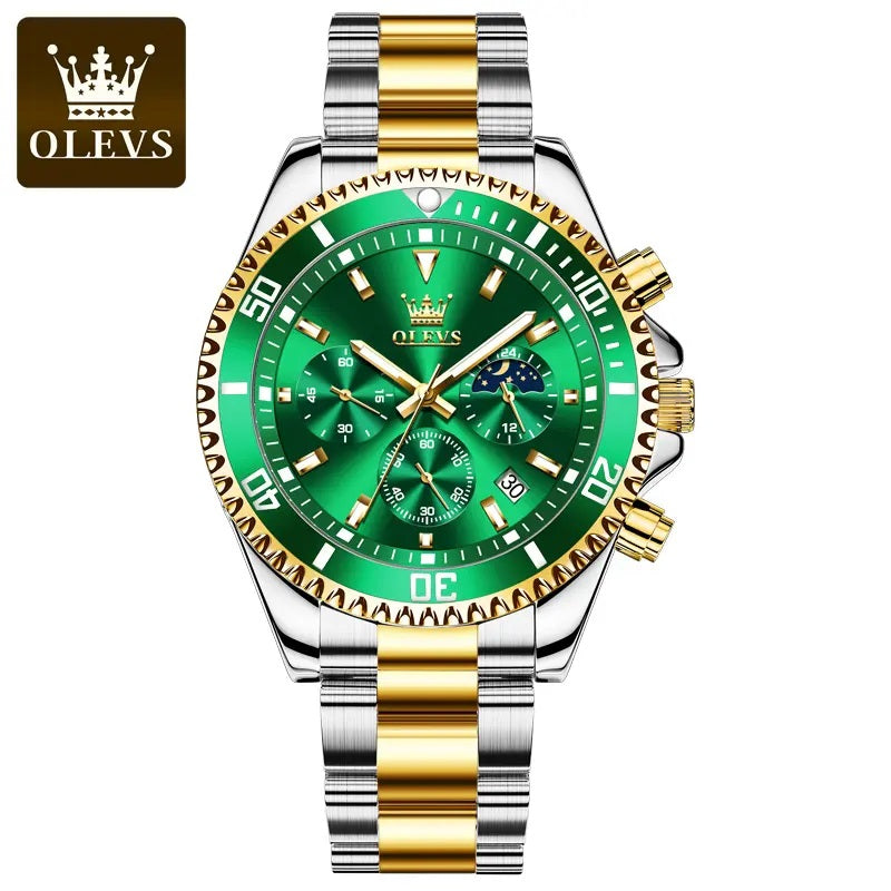 Reloj Cronógrafo Deportivo Hombre Acero Inoxidable Verde Dorado 42.5mm