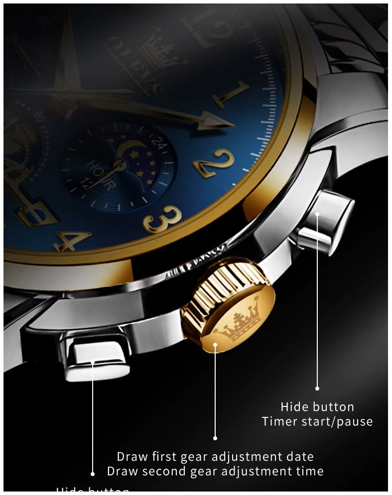 Reloj Cronógrafo Hombre con Esfera Azul, Función Fase Lunar