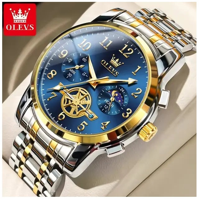 Reloj Cronógrafo Hombre con Esfera Azul, Función Fase Lunar