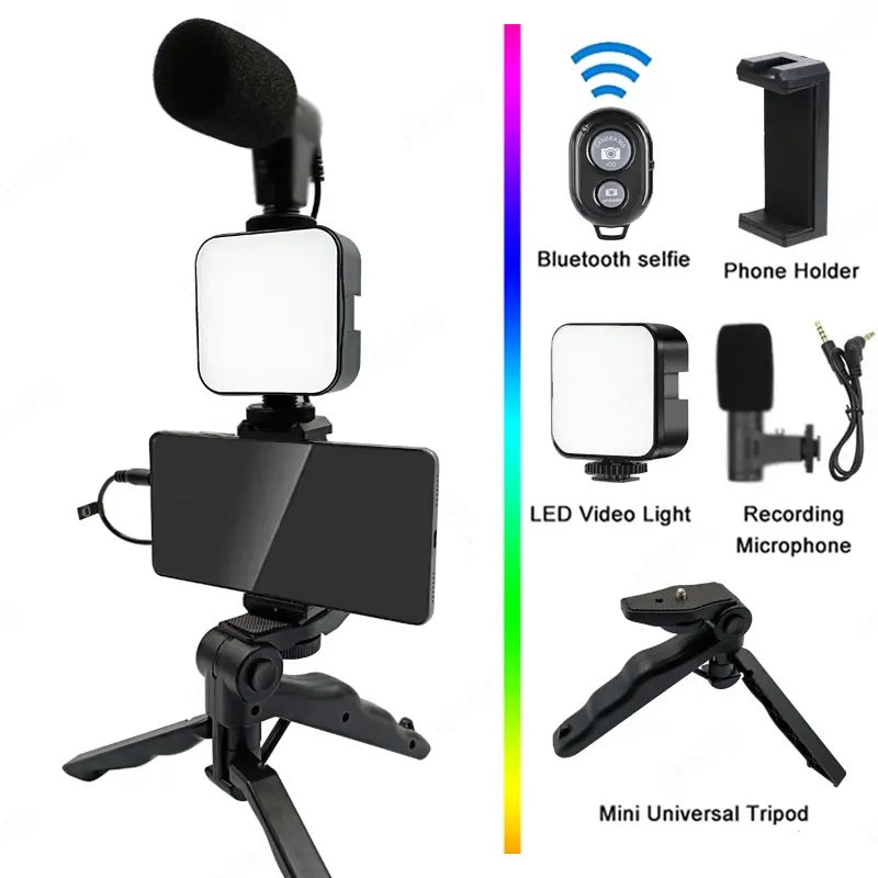 Kit de Grabación Micrófono Luz Led Soporte Control Remoto Trípode