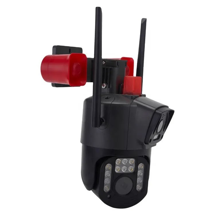 Cámara Seguridad WiFi Doble Lente Sirena Baliza LED HD Cobertura