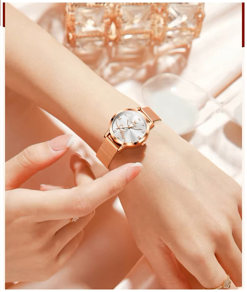 Reloj de Mujer Diseño Elegante Pulsera Metálica de Malla Rosa Dorado