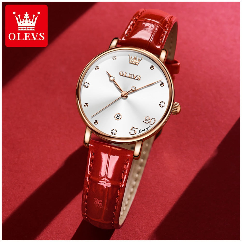 Reloj Femenino de Cuarzo con Correa de Cuero Rojo y Esfera Decorativa