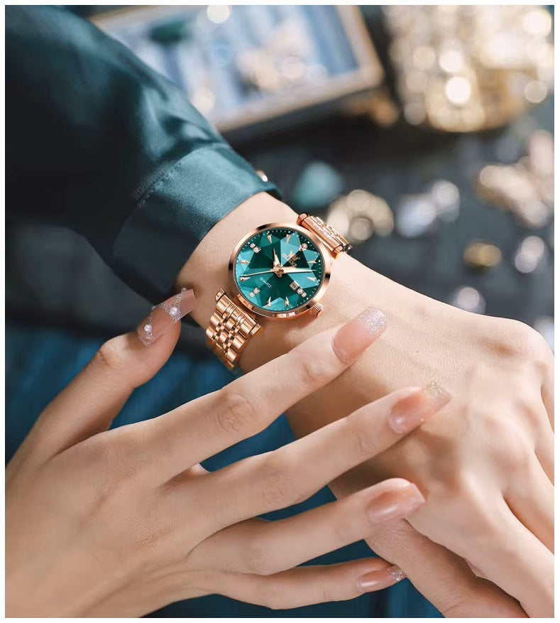 Reloj Cuarzo Mujer Esfera Esmeralda, Cristales y Correa de Acero