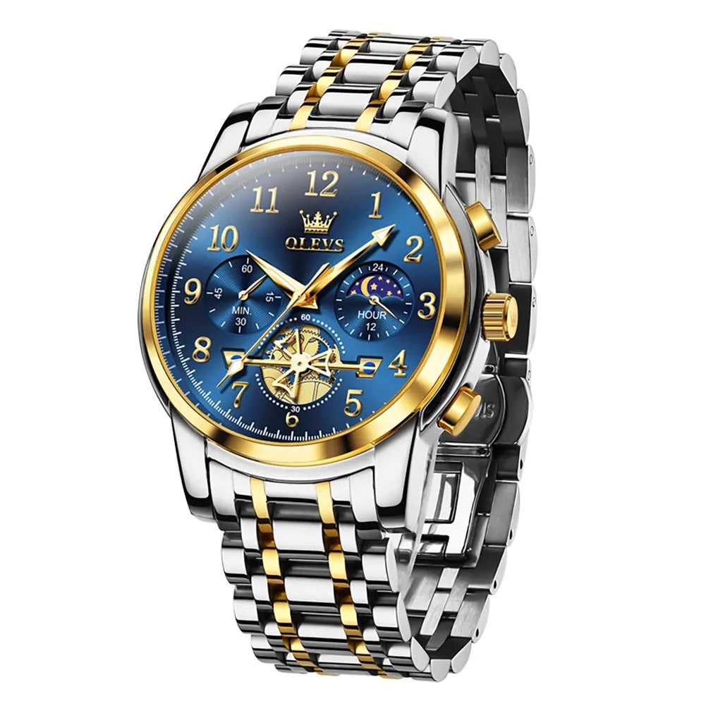 Reloj Cronógrafo Hombre con Esfera Azul, Función Fase Lunar