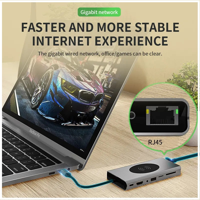 Hub Adaptador USB Tipo-C 15 en 1 con HDMI 4K, Ethernet Gigabit, PD 87W