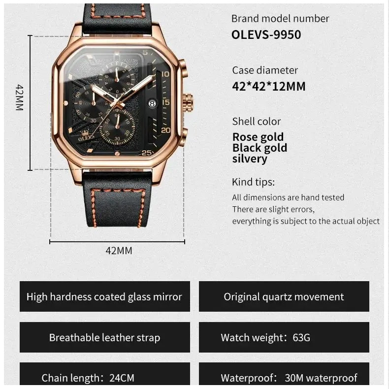 Reloj de Hombre Cuadrado de Lujo con Cronógrafo, Correa de Cuero