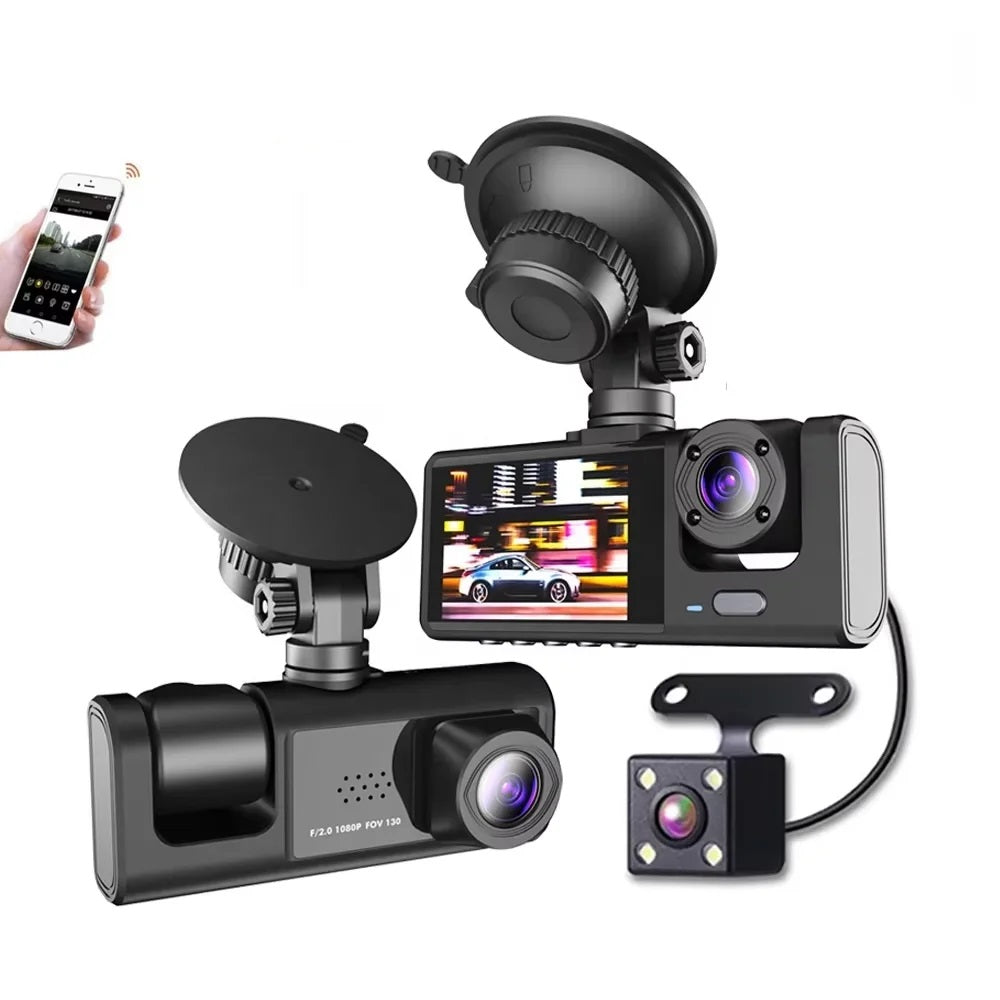 Cámara DVR para Auto Full HD 1080P 3 Canales Visión Nocturna WiFi