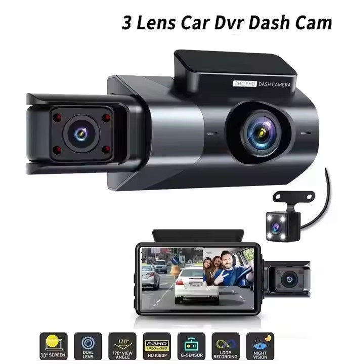 Cámara Vehicular 3 Lentes Full HD 1080P con WiFi, Pantalla de 3”