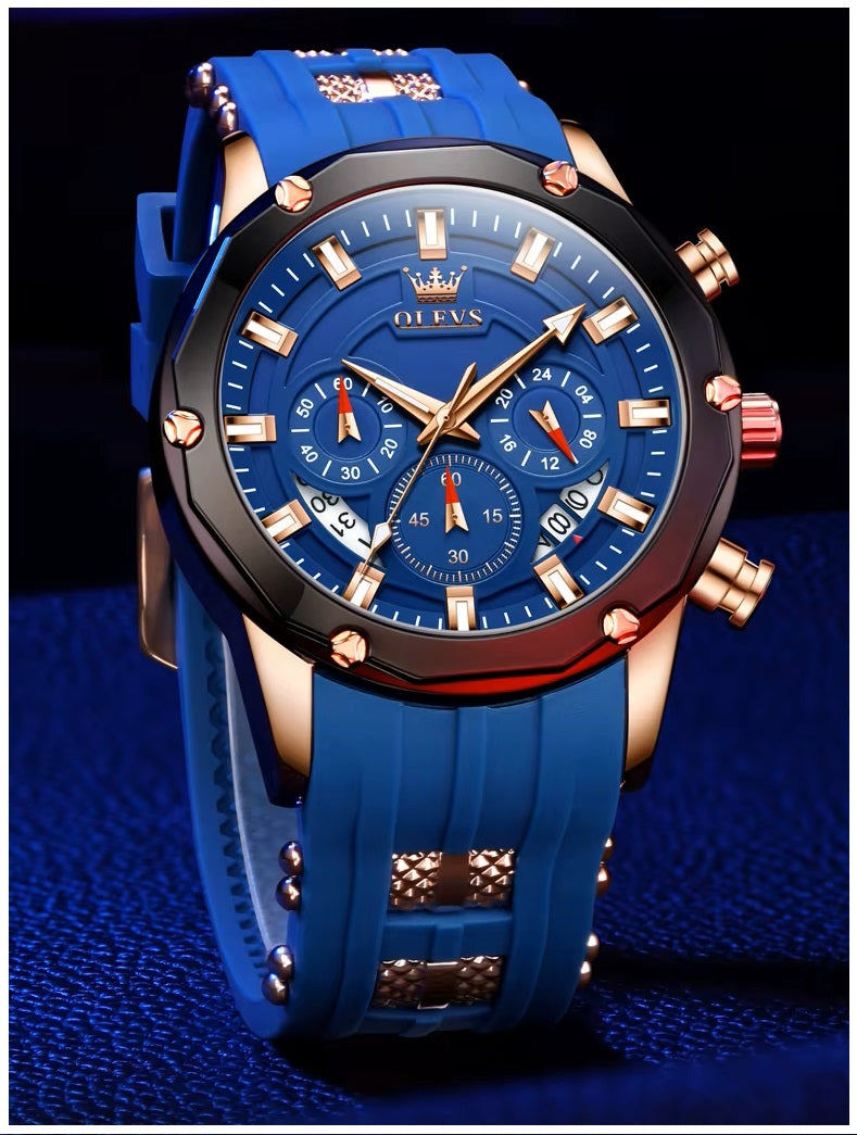 Reloj Cronógrafo Hombre con Calendario y Correa de Silicona Azul