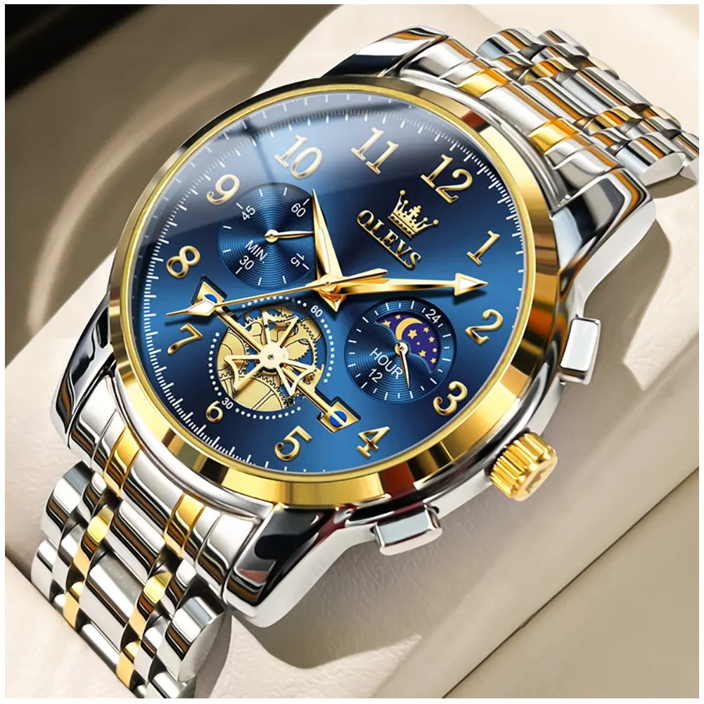 Reloj Cronógrafo Hombre con Esfera Azul, Función Fase Lunar