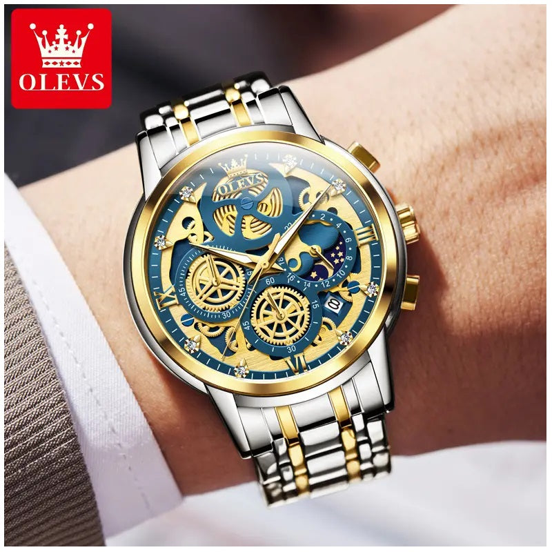 Reloj para Hombre con Diseño Esqueleto Dorado Multifunción