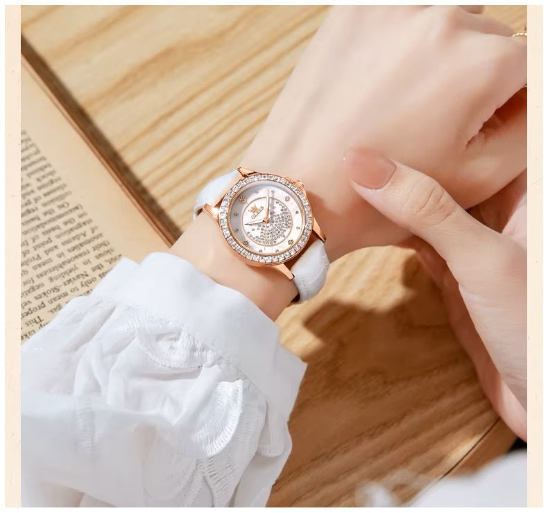 Reloj de Mujer Elegante de Cuarzo Cristales Decorativos Correa Blanca