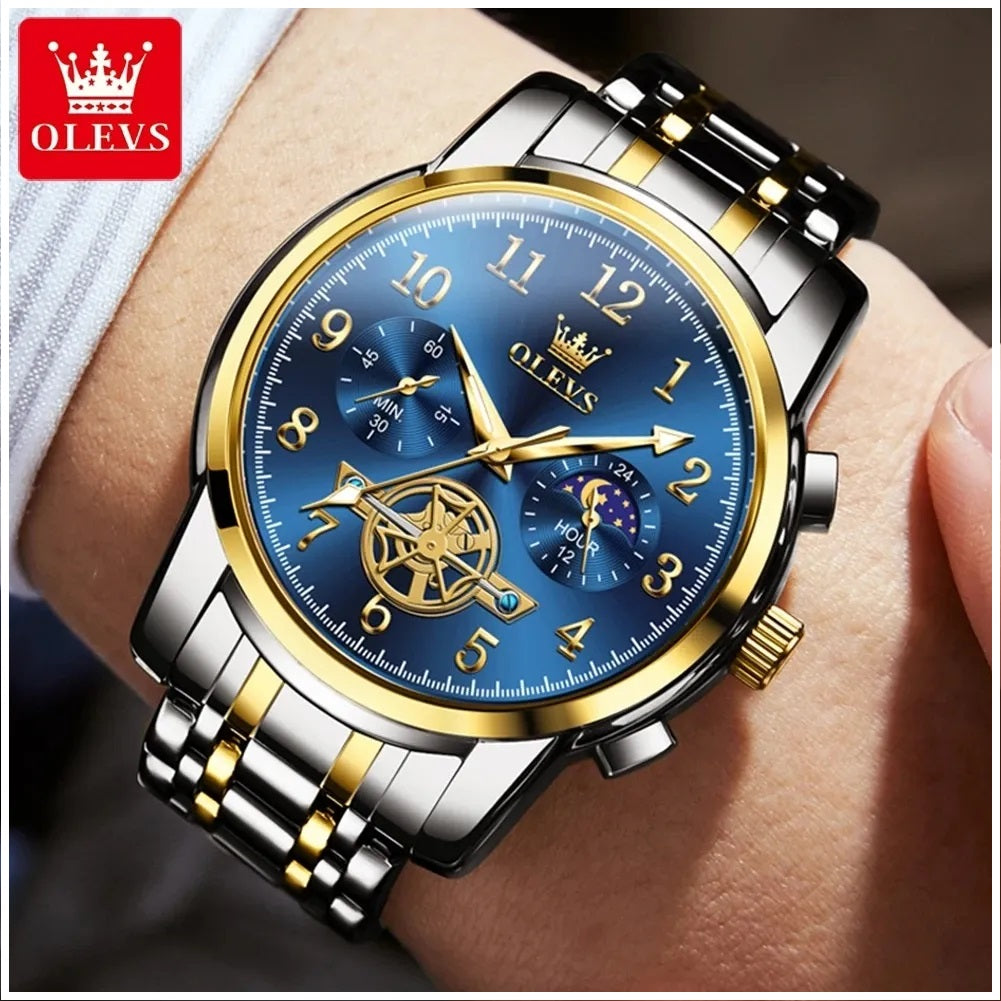 Reloj Cronógrafo Hombre con Esfera Azul, Función Fase Lunar
