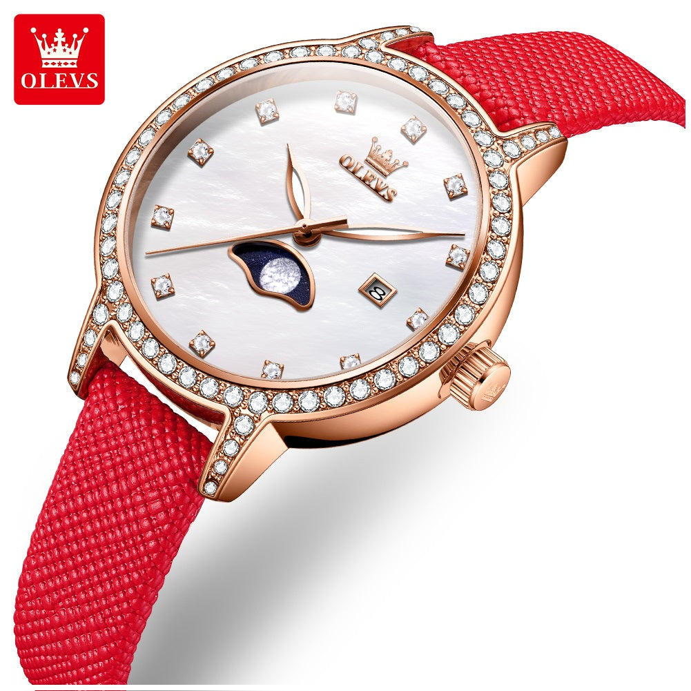 Reloj Mujer Elegante con Fase Lunar y Correa de Cuero Rojo