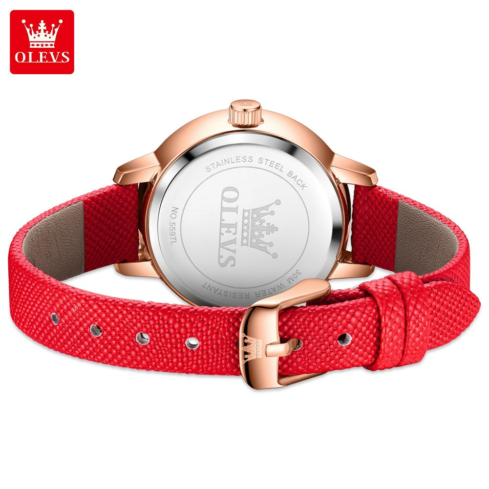 Reloj Mujer Elegante con Fase Lunar y Correa de Cuero Rojo