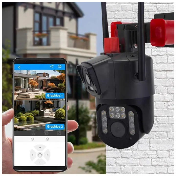 Cámara Seguridad WiFi Doble Lente Sirena Baliza LED HD Cobertura