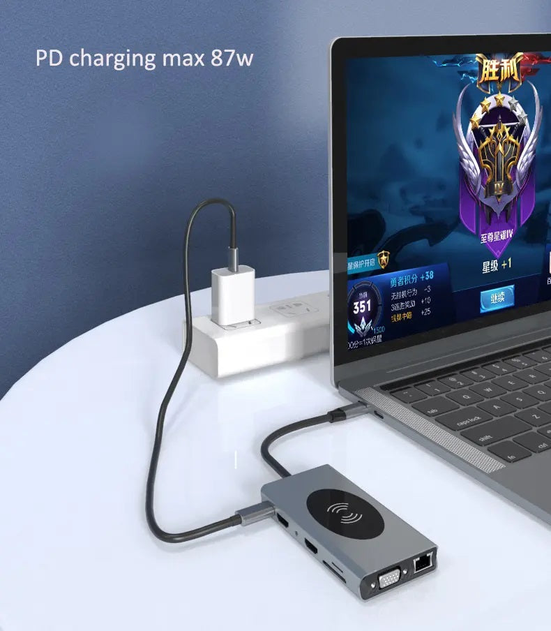 Hub Adaptador USB Tipo-C 15 en 1 con HDMI 4K, Ethernet Gigabit, PD 87W