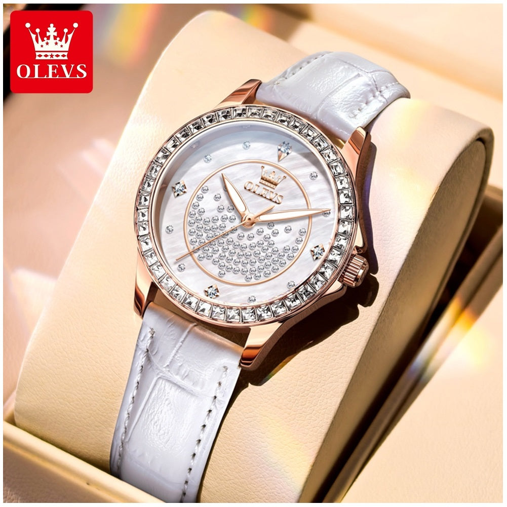 Reloj de Mujer Elegante de Cuarzo Cristales Decorativos Correa Blanca