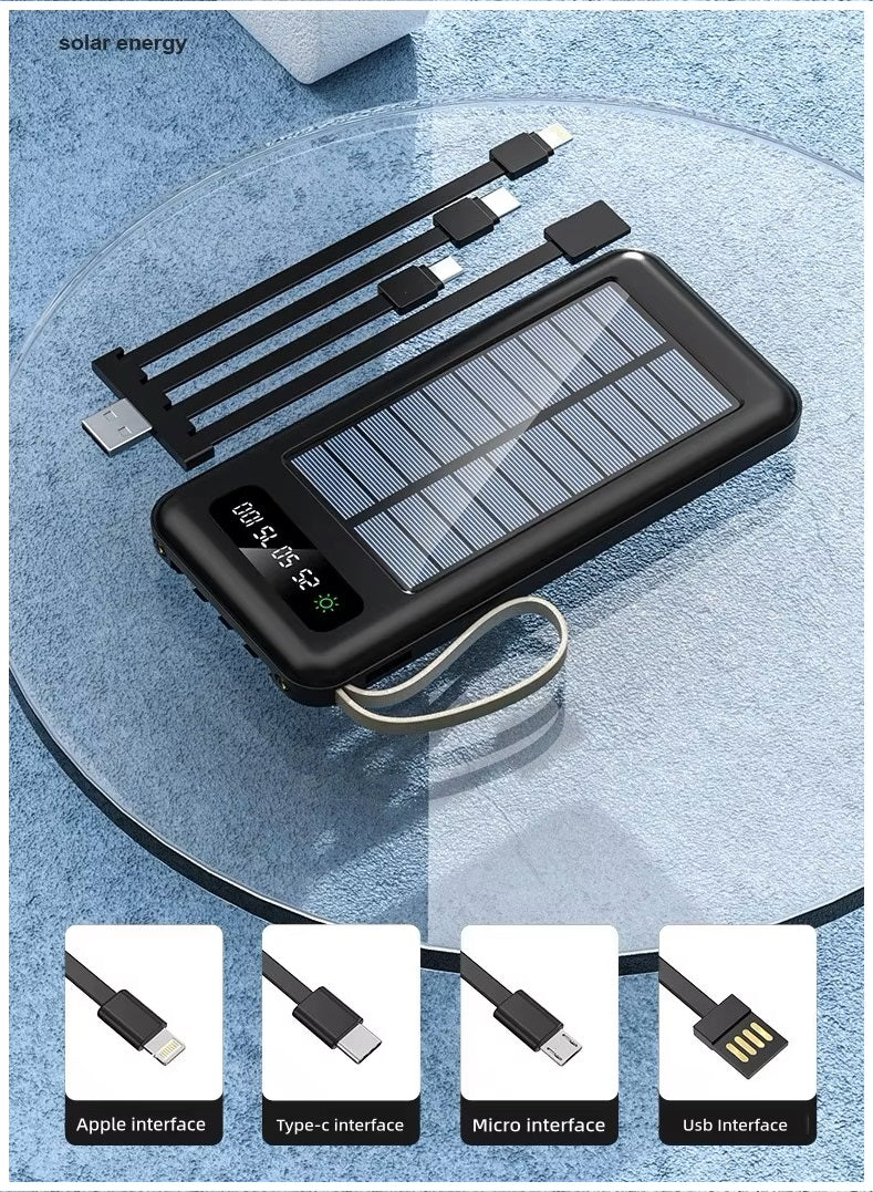 Power Bank Solar 20000mAh Cables Integrados Luz LED