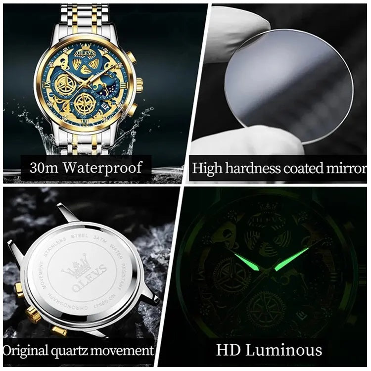 Reloj para Hombre con Diseño Esqueleto Dorado Multifunción
