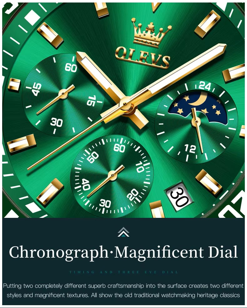 Reloj Cronógrafo Deportivo Hombre Acero Inoxidable Verde Dorado 42.5mm