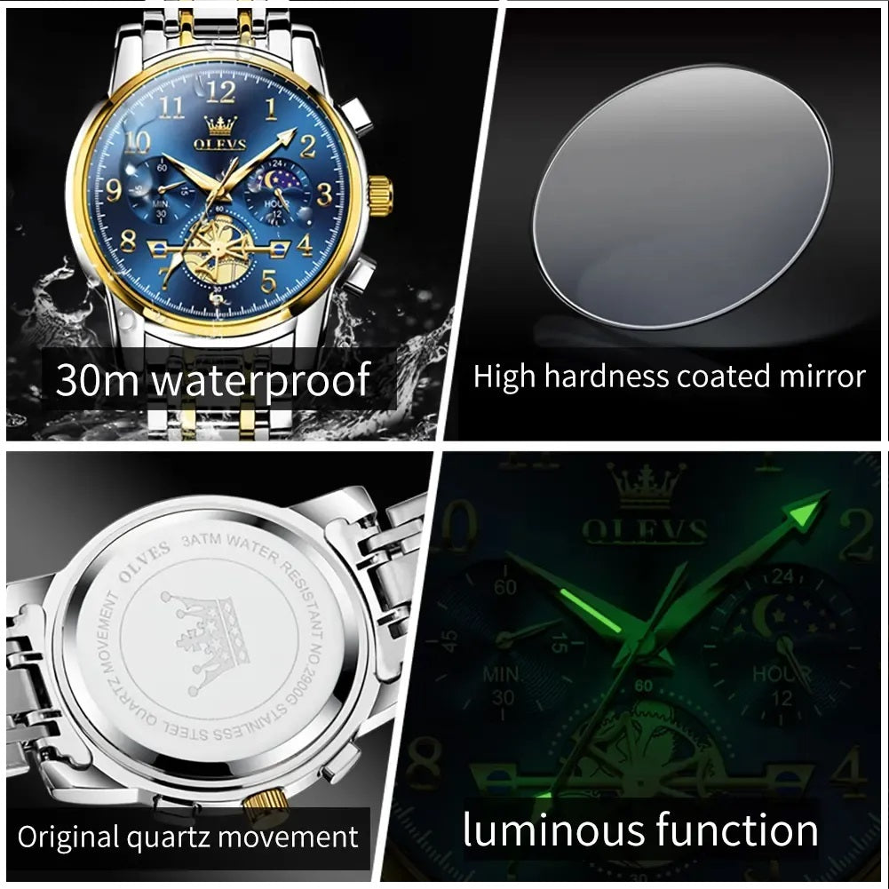 Reloj Cronógrafo Hombre con Esfera Azul, Función Fase Lunar