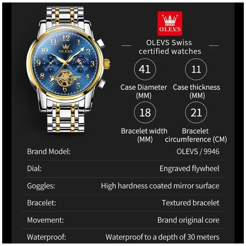 Reloj Cronógrafo Hombre con Esfera Azul, Función Fase Lunar
