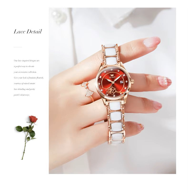 Reloj Elegante para Mujer con Esfera Roja Pulsera de Acero Inoxidable