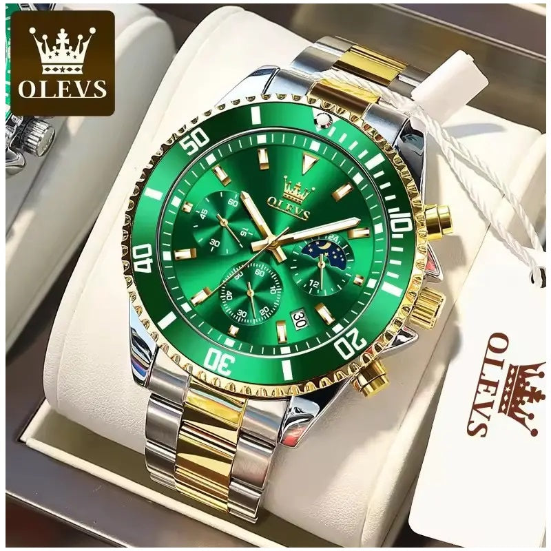 Reloj Cronógrafo Deportivo Hombre Acero Inoxidable Verde Dorado 42.5mm