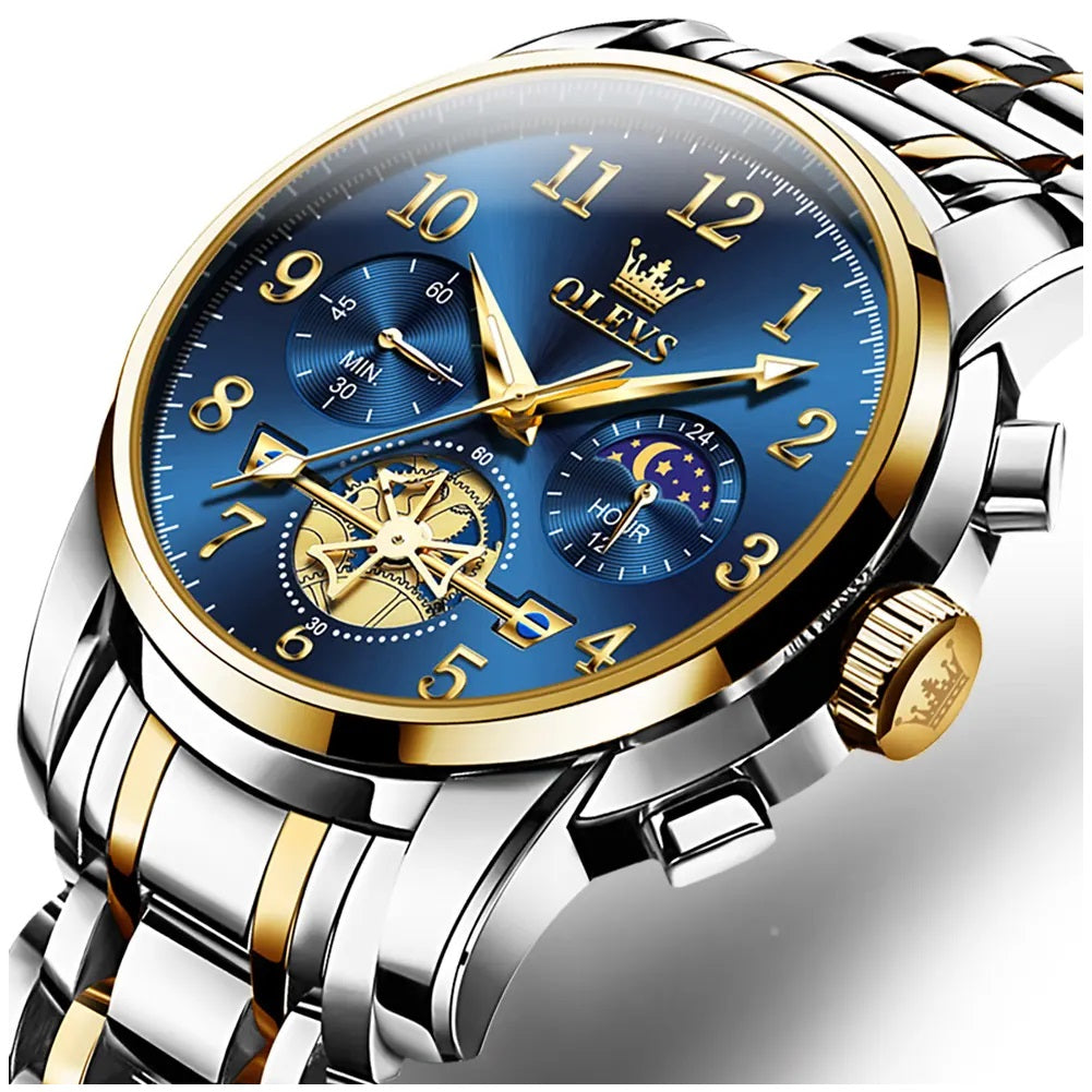 Reloj Cronógrafo para Hombre con Fase Lunar, Movimiento Cuarzo