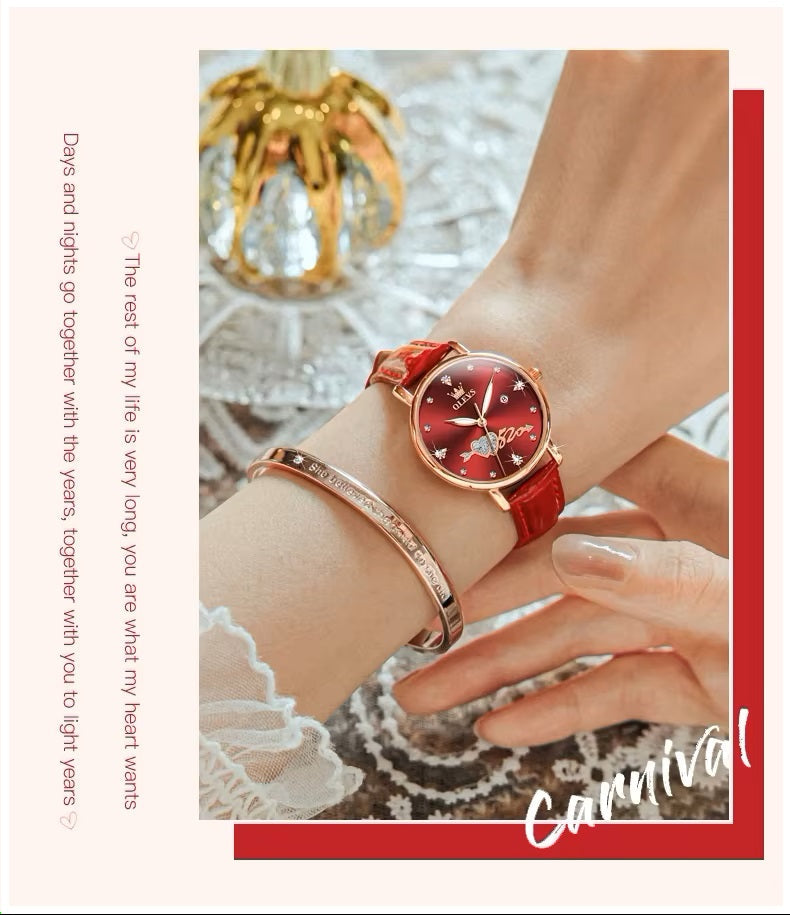 Reloj elegante de mujer correa cuero rojo diseño corazón con cristales