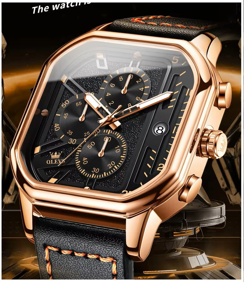Reloj de Hombre Cuadrado de Lujo con Cronógrafo, Correa de Cuero