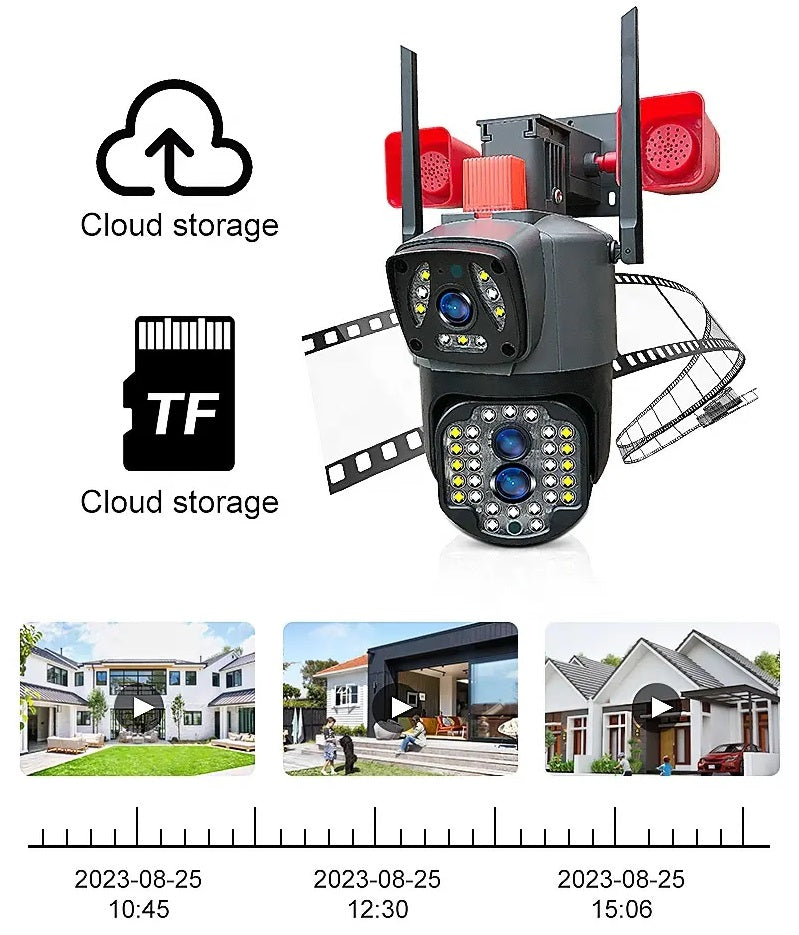 Cámara Seguridad WiFi Doble Lente Sirena Baliza LED HD Cobertura