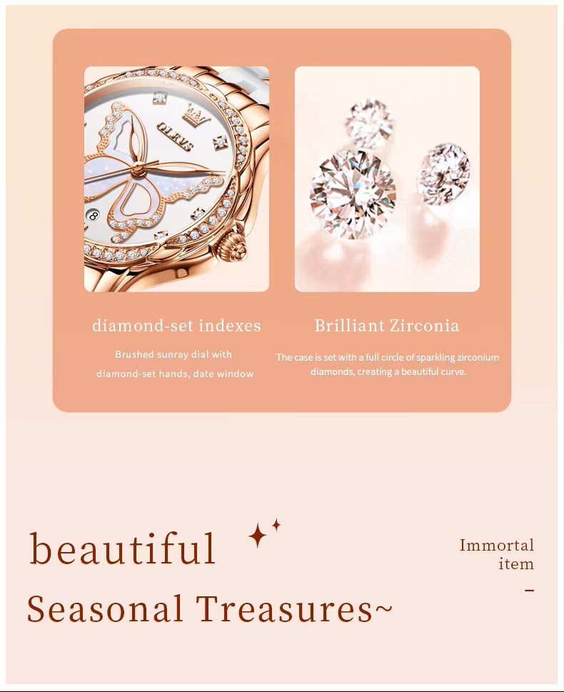 Reloj Elegante Mujer Esfera Mariposa y Detalles de Zirconia