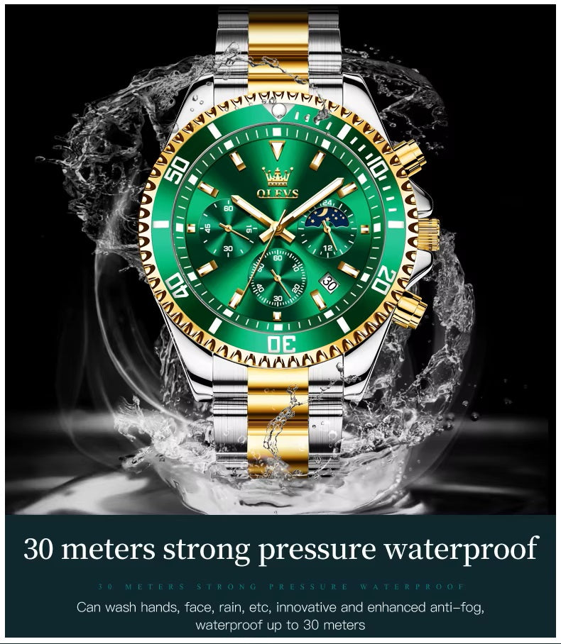 Reloj Cronógrafo Deportivo Hombre Acero Inoxidable Verde Dorado 42.5mm