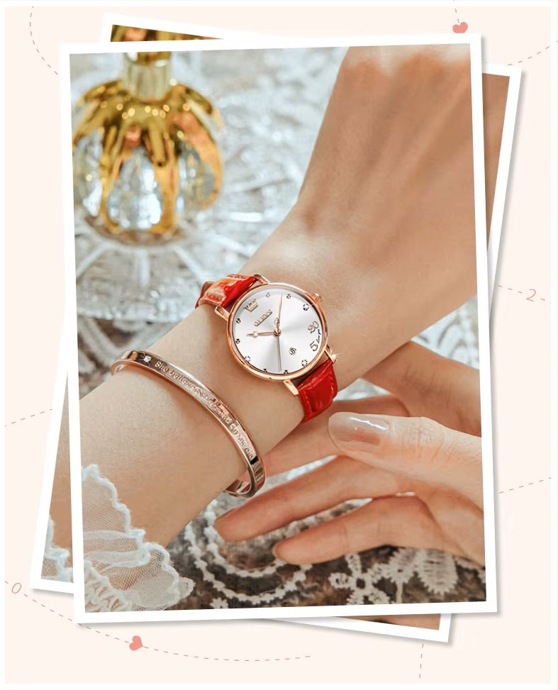 Reloj Femenino de Cuarzo con Correa de Cuero Rojo y Esfera Decorativa
