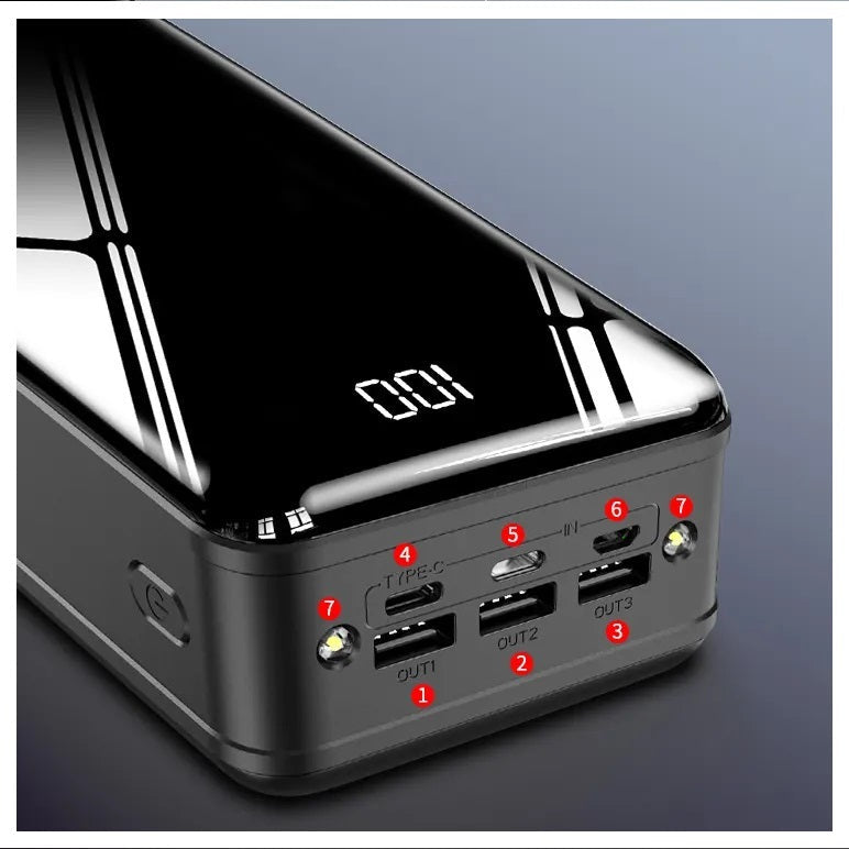 Power Bank 50000mAh 3 USB Tipo C Lightning linterna Negro