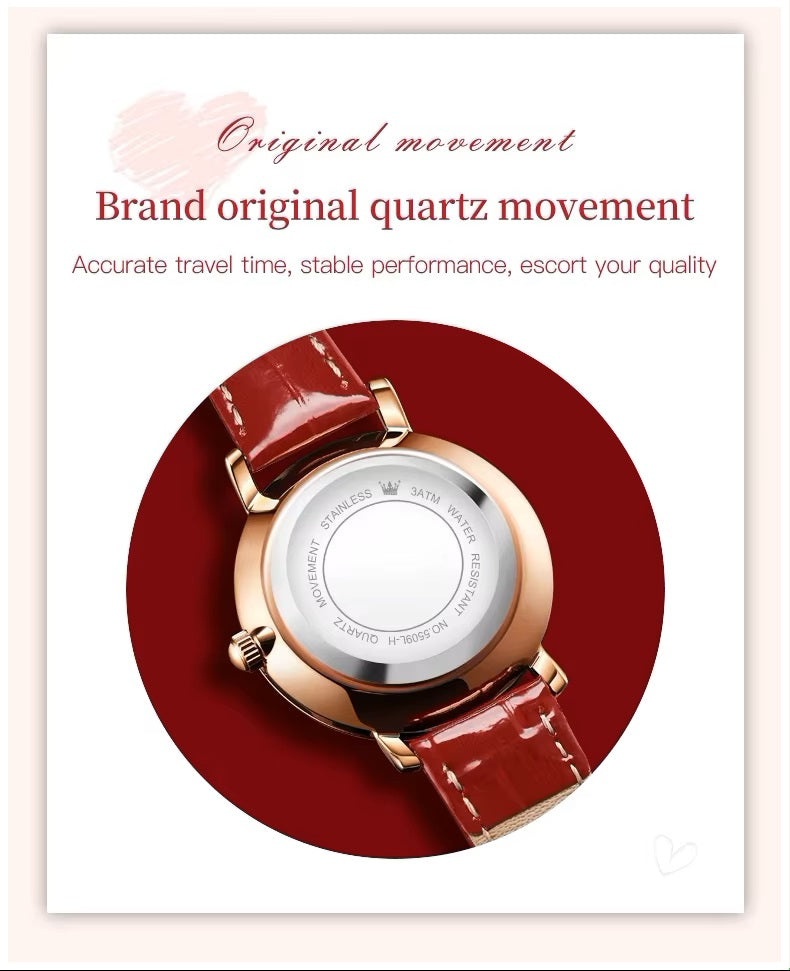 Reloj elegante de mujer correa cuero rojo diseño corazón con cristales