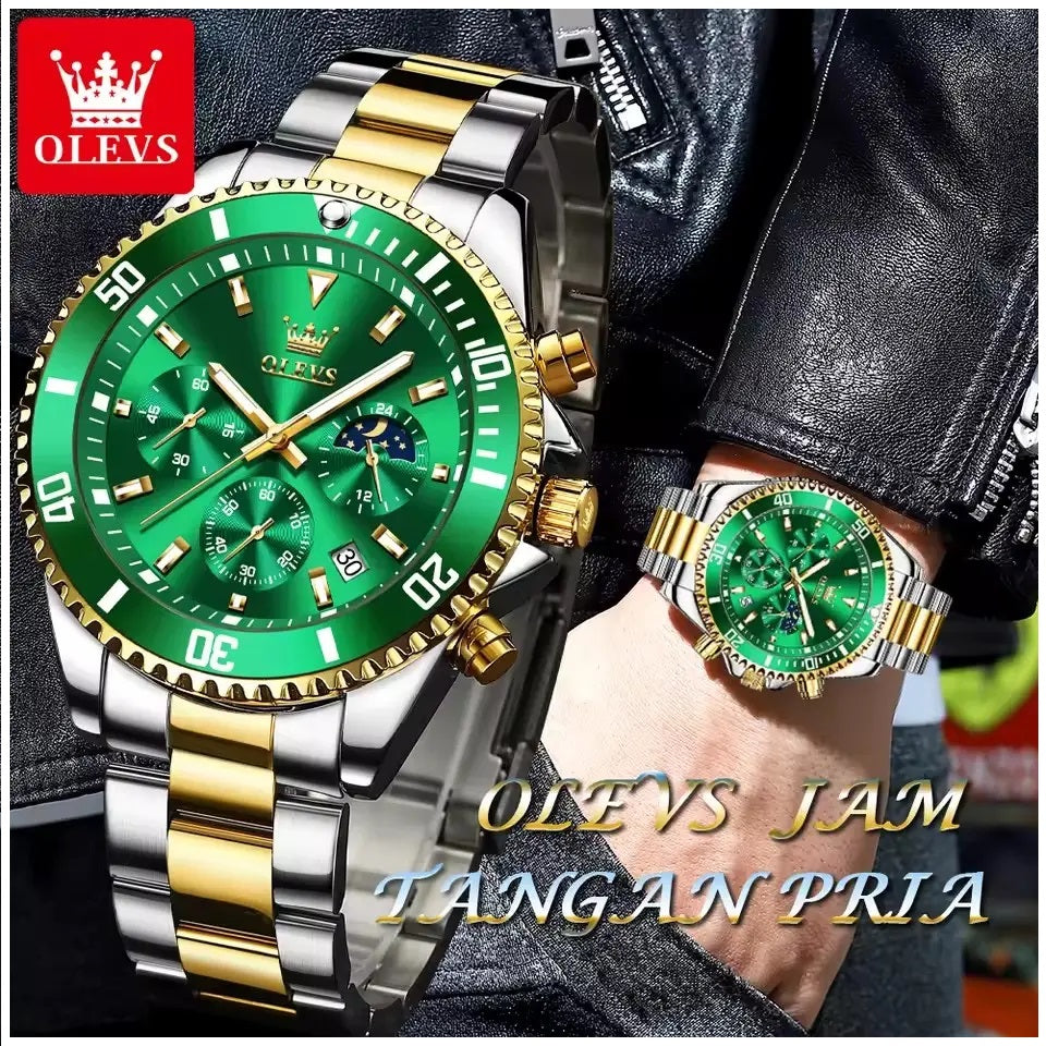 Reloj Cronógrafo Deportivo Hombre Acero Inoxidable Verde Dorado 42.5mm