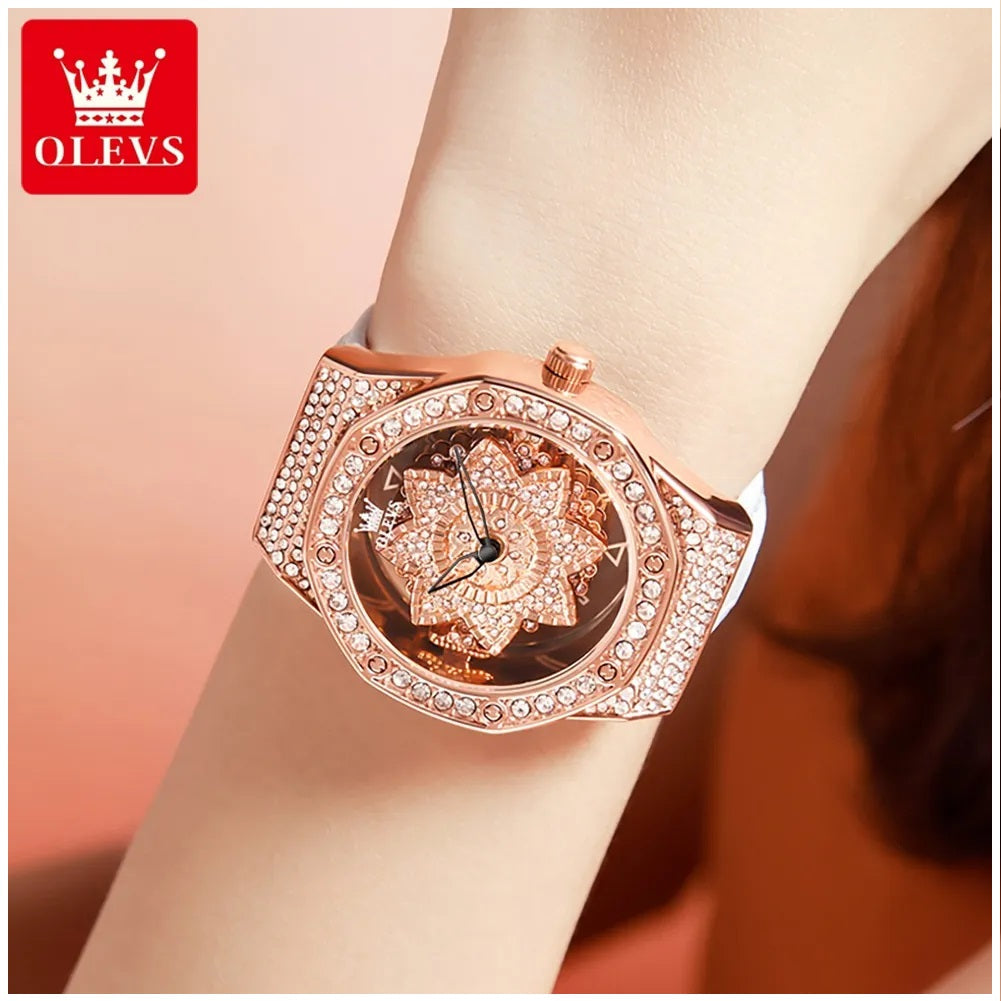 Reloj de Mujer de Lujo con Diseño Floral Rotativo y Correa de Cuero