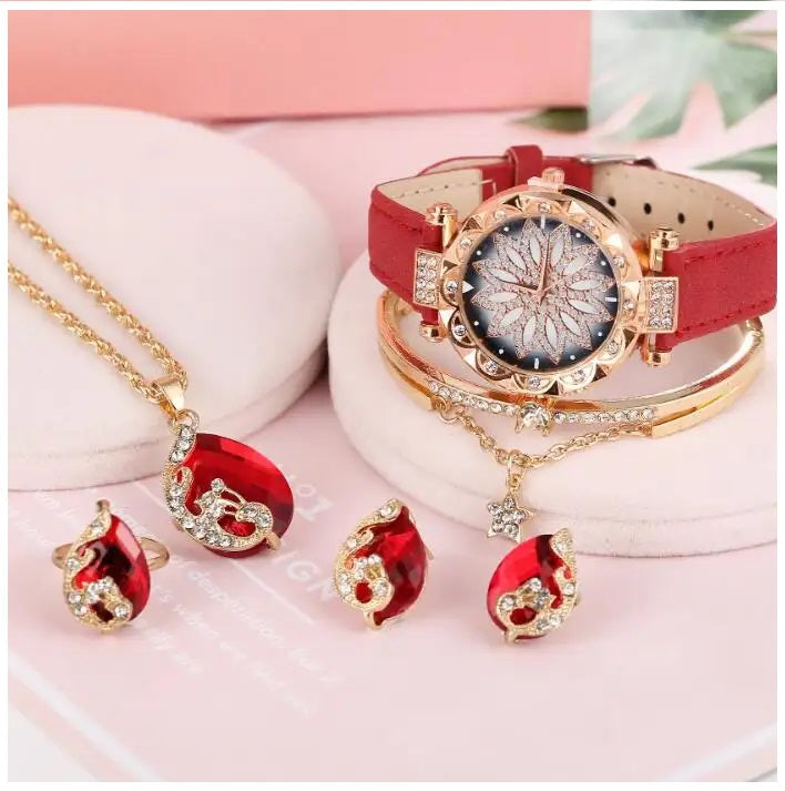 Set de lujo para Mujeres con Reloj Colgante Aros Anillo y Pulsera