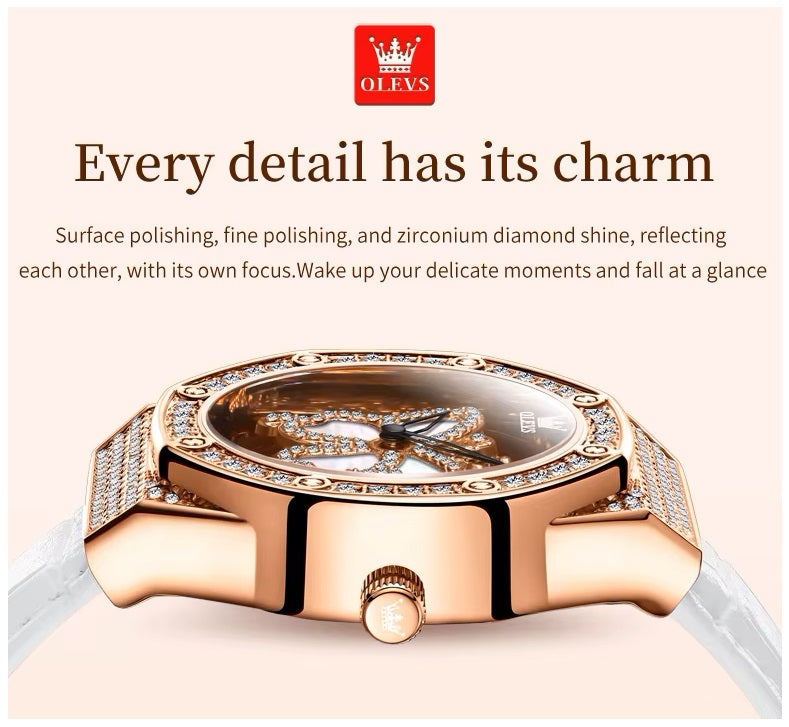 Reloj de Mujer de Lujo con Diseño Floral Rotativo y Correa de Cuero