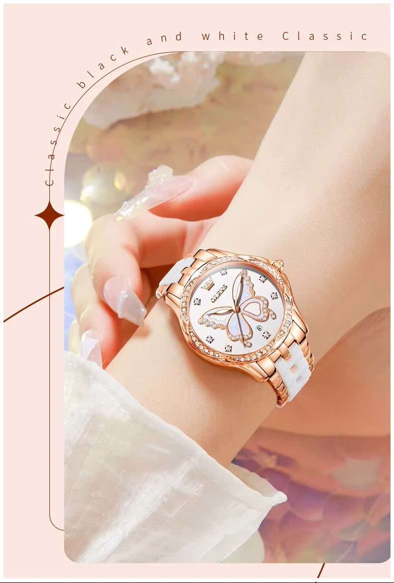 Reloj Elegante Mujer Esfera Mariposa y Detalles de Zirconia
