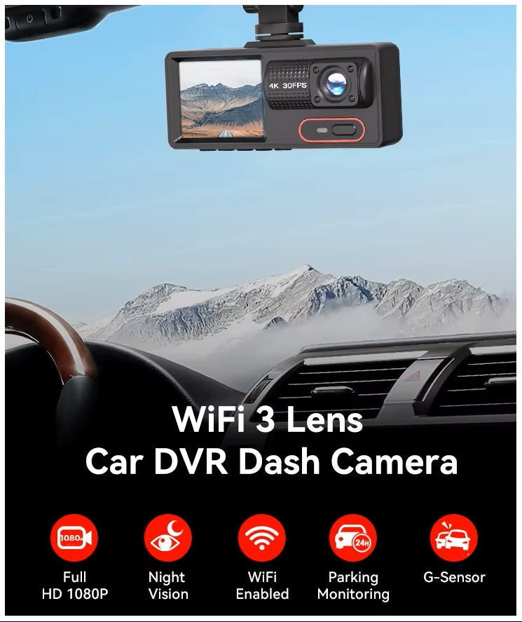 Cámara para Coche HD 1080P con Triple Grabación, WiFi, Sensor G