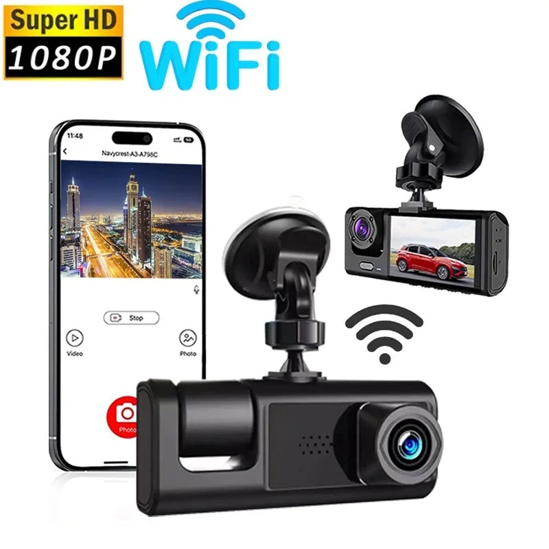 Cámara DVR para Auto Full HD 1080P 3 Canales Visión Nocturna WiFi